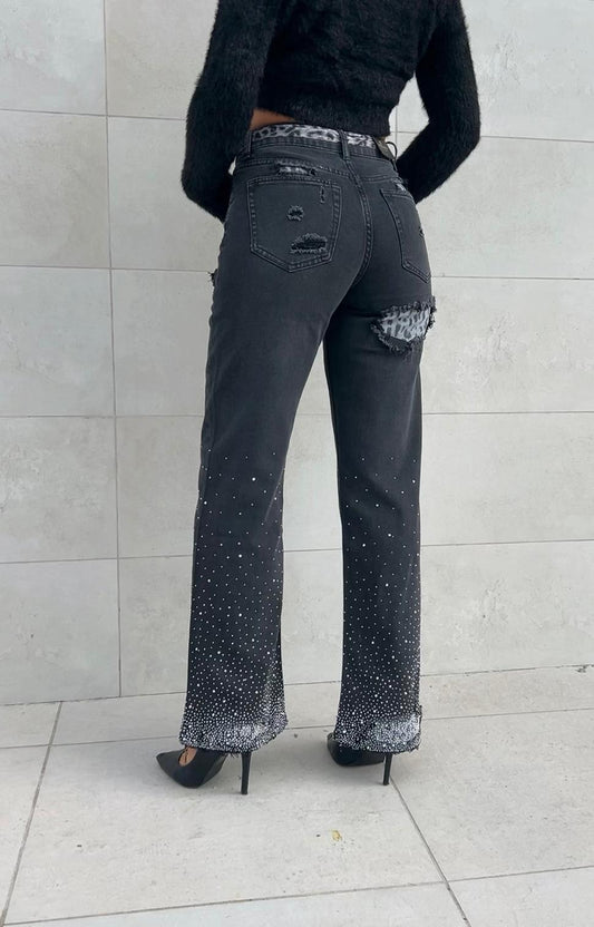 Jeans nero leopard